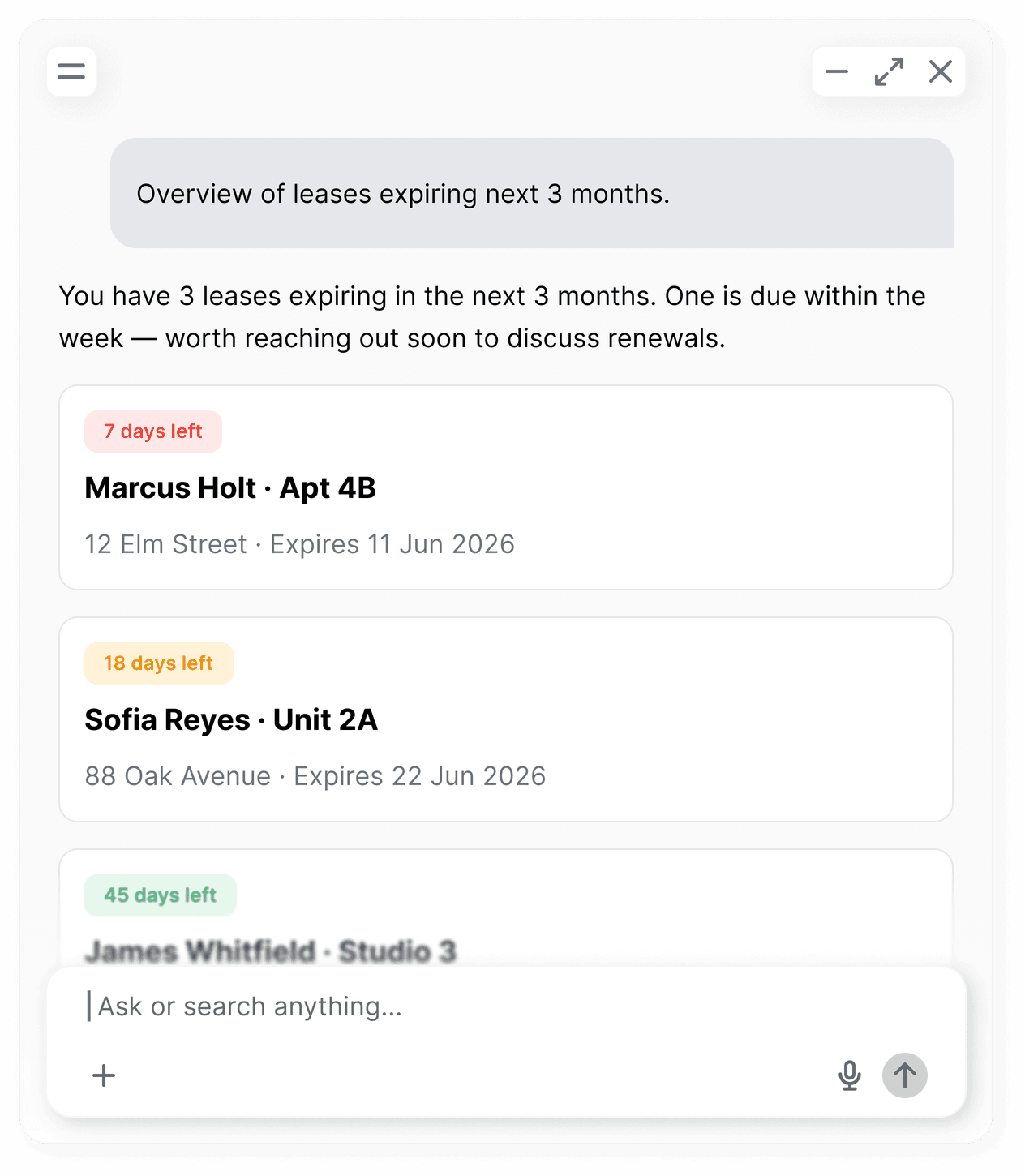 PM asking Ask which leases are expiring soon — one of many management tasks, with a follow-up action ready to take